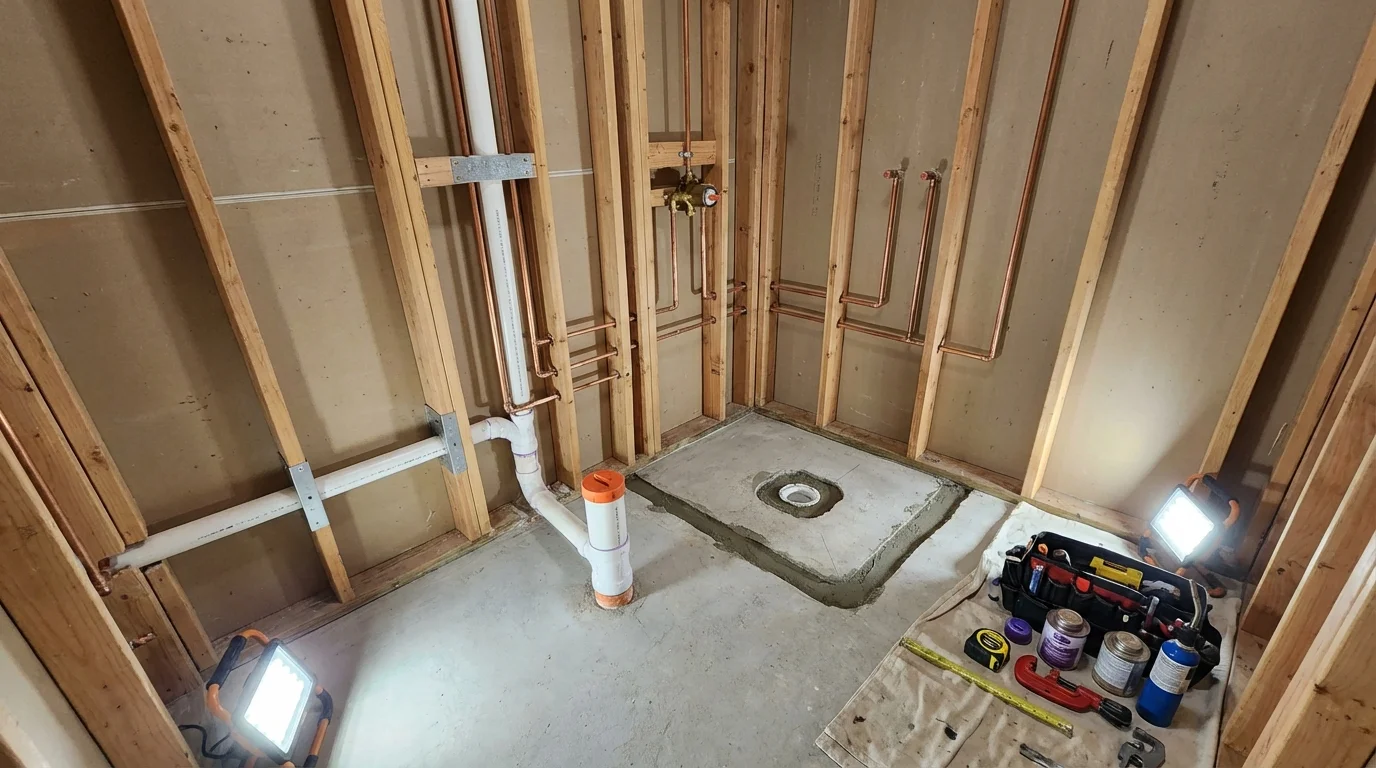 Bathroom rough-in plumbing during remodel by Johns Plumbing LLC in Madison Lake