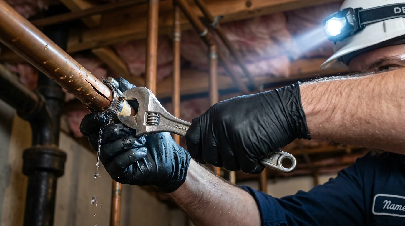 Emergency pipe clamp repair being performed by a Johns Plumbing LLC plumber in Madison Lake