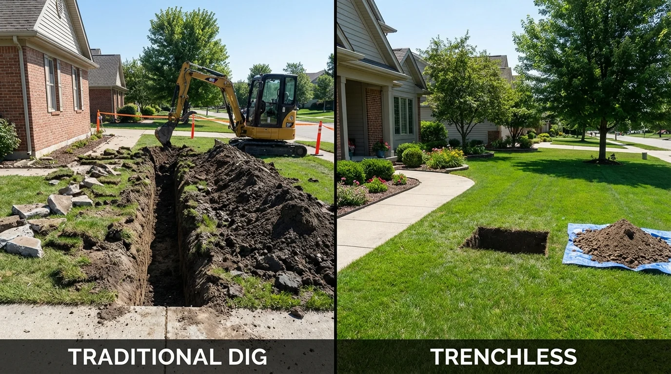 Trenchless sewer repair with minimal yard damage versus traditional excavation in Madison Lake, MN