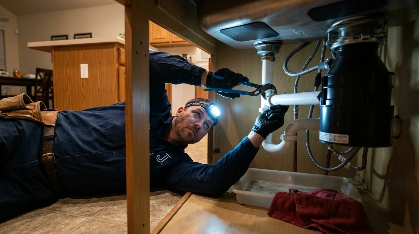 P-trap and supply line connections under a kitchen sink showing a common leak point in Madison Lake, MN